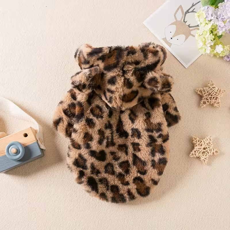 Leopard Print Hooded Plush Pet Jacket – Cozy & Zippered